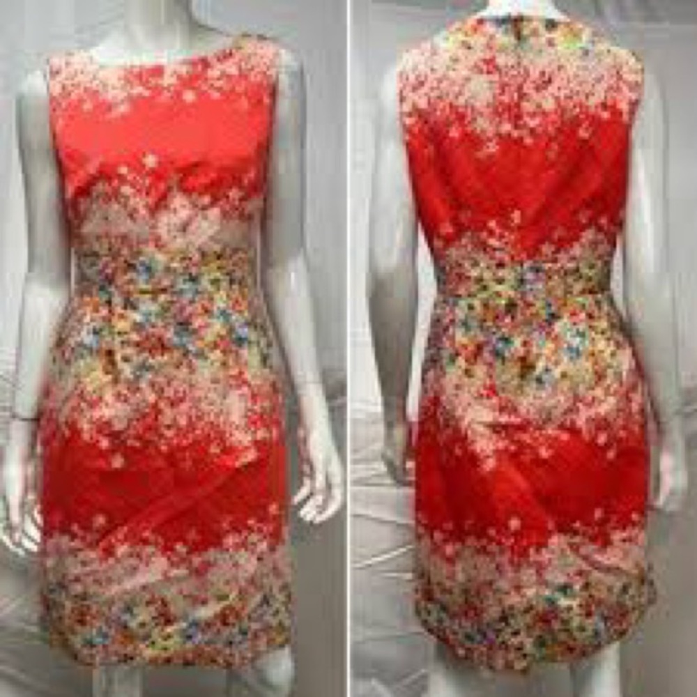 Tahari Arthur s Levine Coral Pink Floral Sleeveless Sheath Dress Formal Career